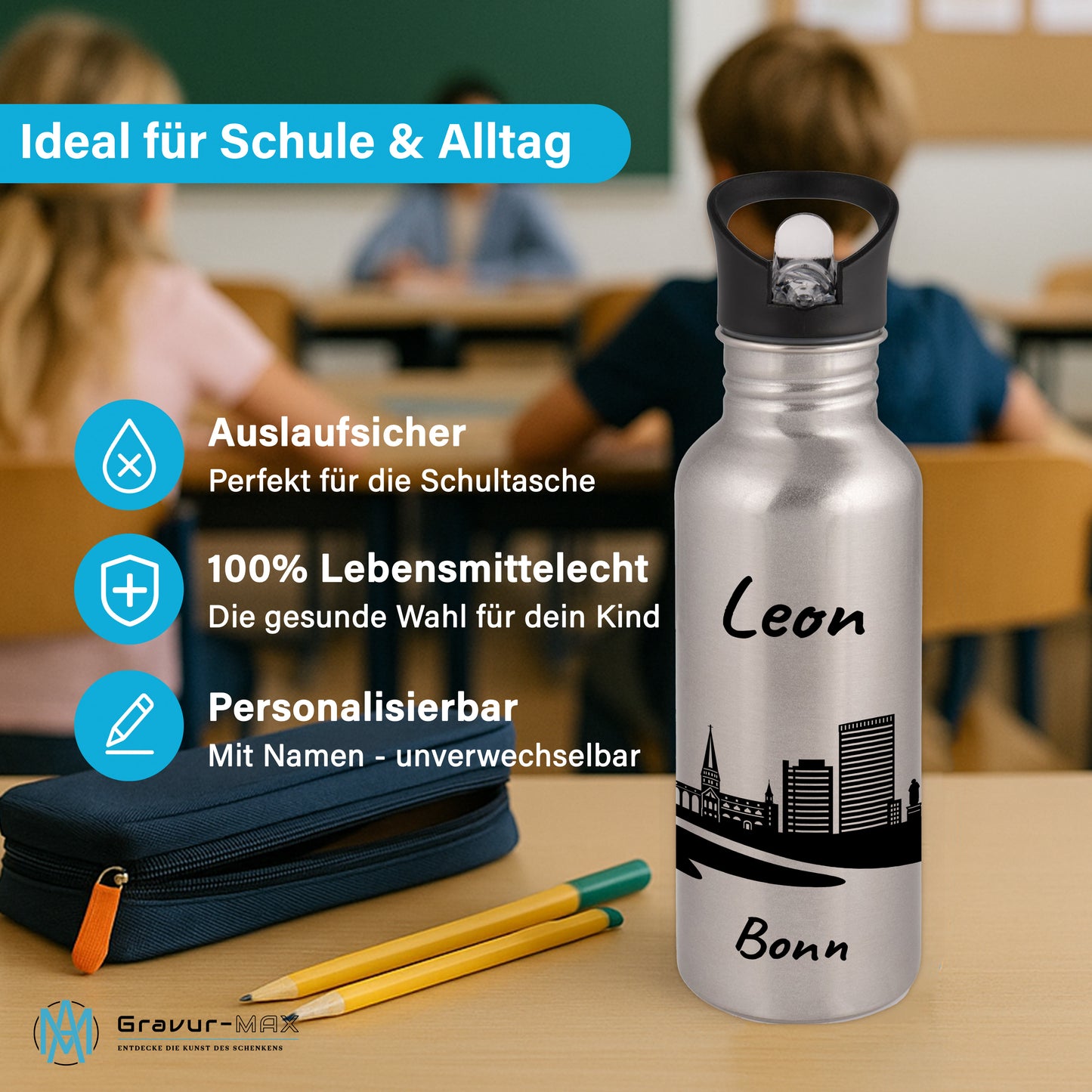 Trinkflasche in Silber 600ml aus Edelstahl bedruckt mit der Skyline von Bonn personalisierbar mit Wunschname
