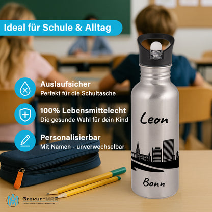 Trinkflasche in Silber 600ml aus Edelstahl bedruckt mit der Skyline von Bonn personalisierbar mit Wunschname