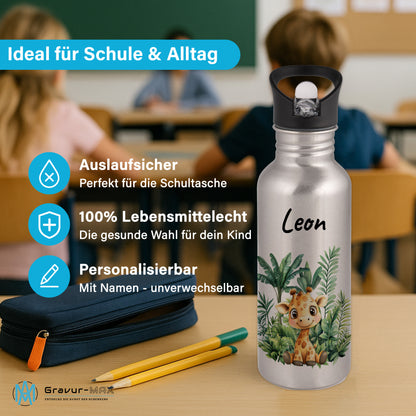 Trinkflasche mit Strohhalm in Silber 600ml bedruckt mit Dschungel Tieren"Giraffe" personalisierbar für Kinder mit Wunschname aus Edelstahl