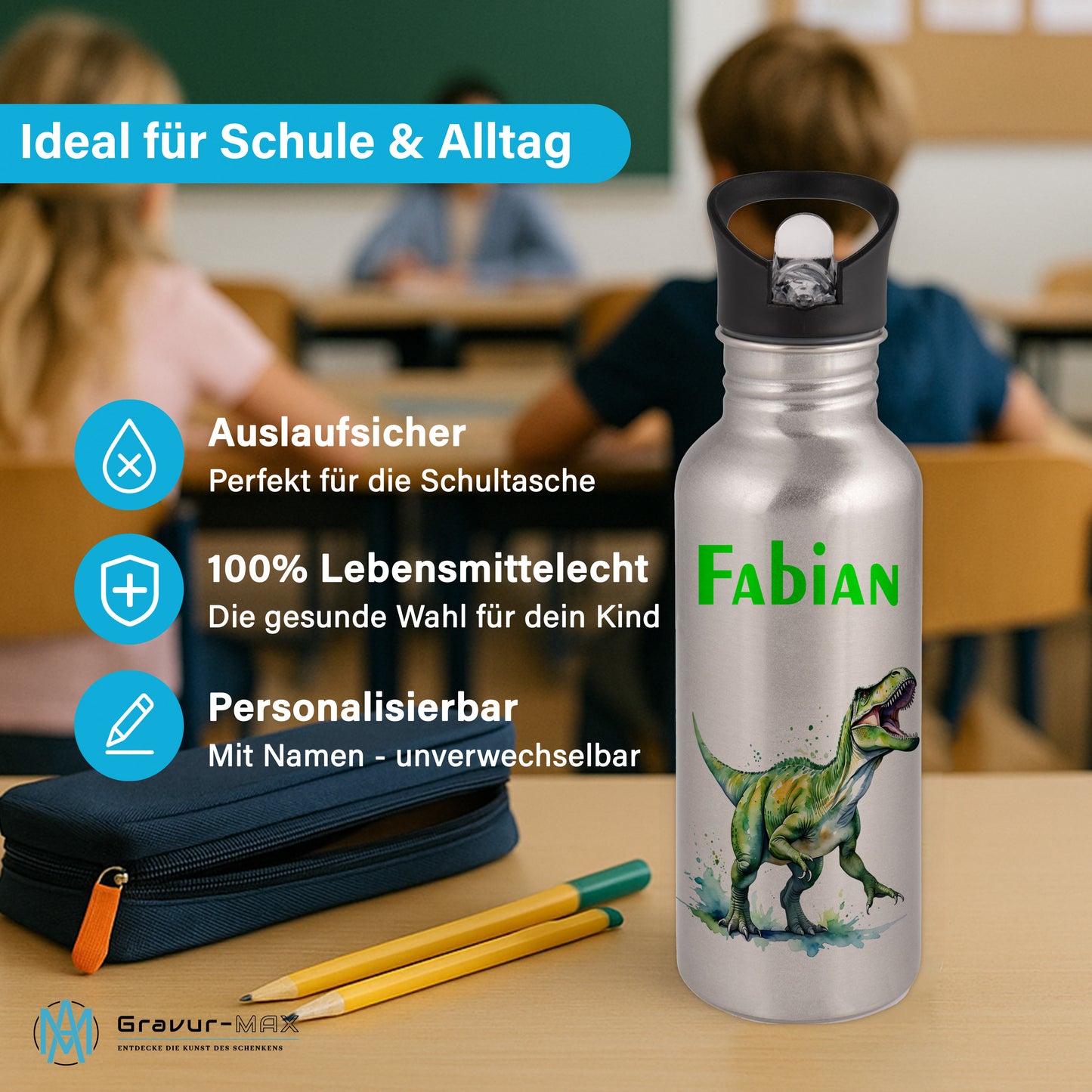 Trinkflasche mit Strohhalm in Silber 600ml bedruckt mit tollen Motiven für Kinder "Dino T-Rex" personalisierbar für Kinder mit Wunschname aus Edelstahl