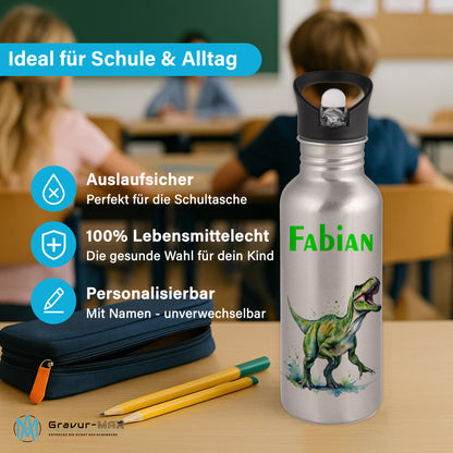 Trinkflasche mit Strohhalm in Silber 600ml bedruckt mit tollen Motiven für Kinder "Dino T-Rex" personalisierbar für Kinder mit Wunschname aus Edelstahl