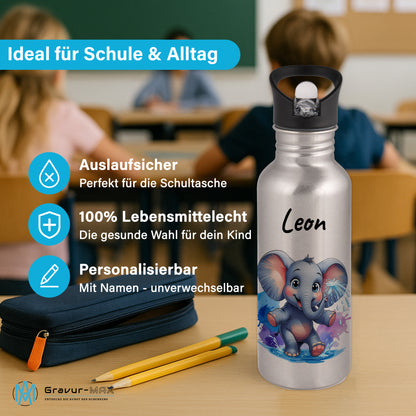 Trinkflasche mit Strohhalm in Silber 600ml bedruckt mit niedlichen Tieren"Elefant" personalisierbar für Kinder mit Wunschname aus Edelstahl