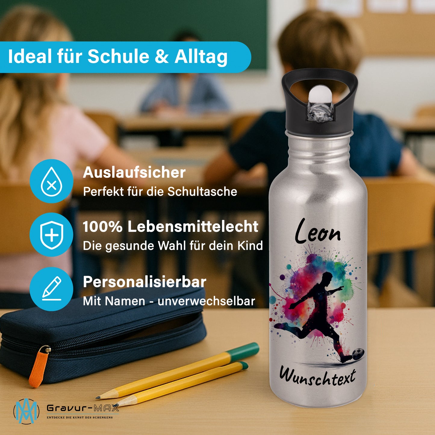 Trinkflasche mit Strohhalm in Silber 600ml bedruckt mit Fußball Motiven"Motiv4" personalisierbar für Kinder mit Wunschname aus Edelstahl