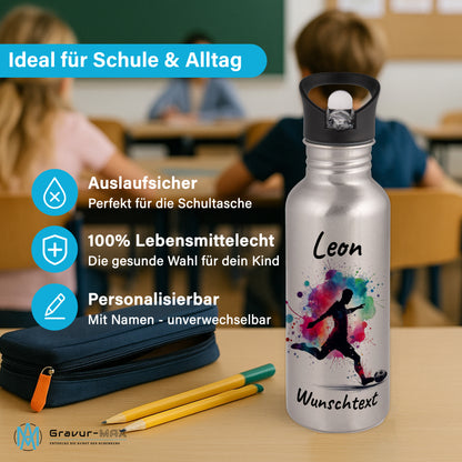 Trinkflasche mit Strohhalm in Silber 600ml bedruckt mit Fußball Motiven"Motiv4" personalisierbar für Kinder mit Wunschname aus Edelstahl
