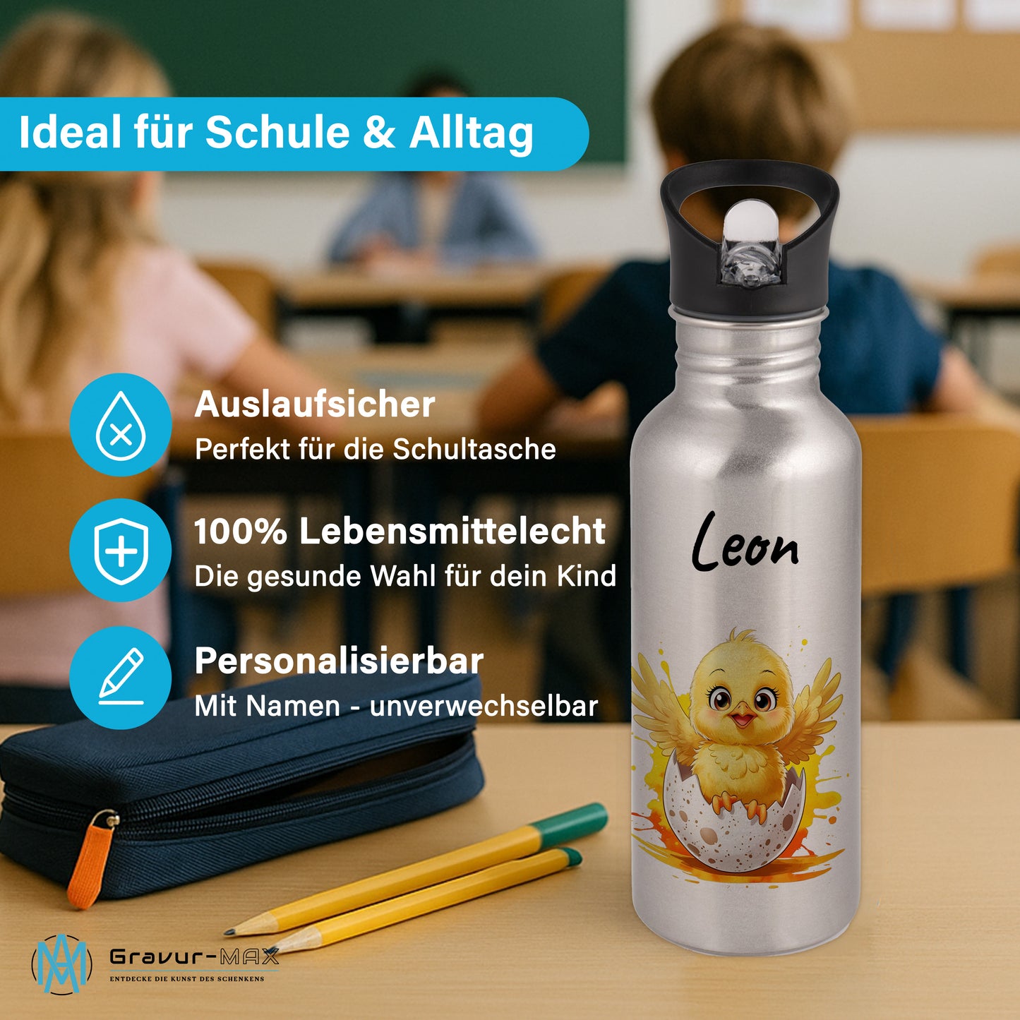 Trinkflasche mit Strohhalm in Silber 600ml bedruckt mit niedlichen Tieren"Küken" personalisierbar für Kinder mit Wunschname aus Edelstahl