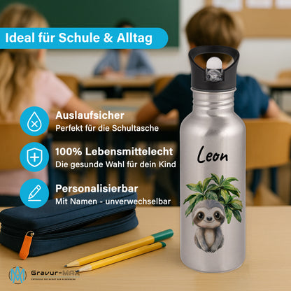 Trinkflasche mit Strohhalm in Silber 600ml bedruckt mit Dschungel Tieren"Faultier" personalisierbar für Kinder mit Wunschname aus Edelstahl