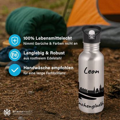 Trinkflasche in Silber 600ml aus Edelstahl bedruckt mit der Skyline von Mönchengladbach personalisierbar mit Wunschname