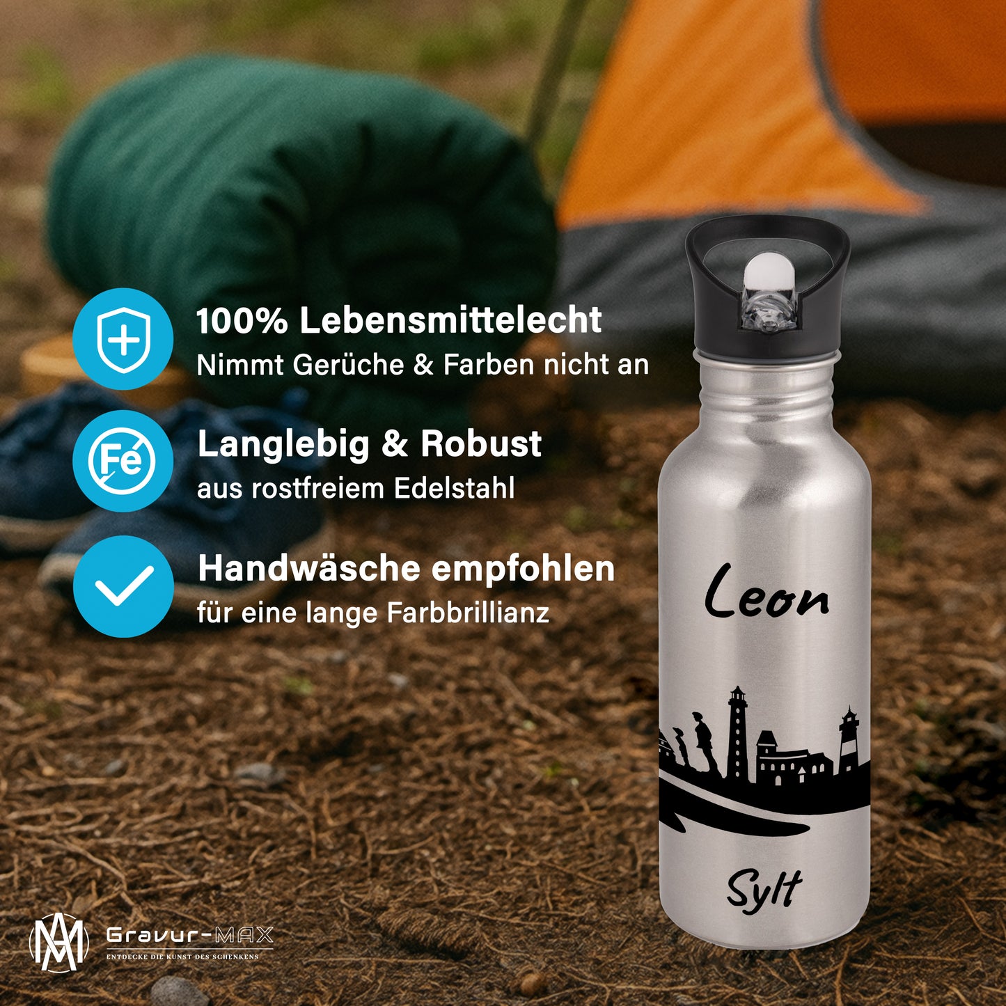 Trinkflasche in Silber 600ml aus Edelstahl bedruckt mit der Skyline von Sylt personalisierbar mit Wunschname