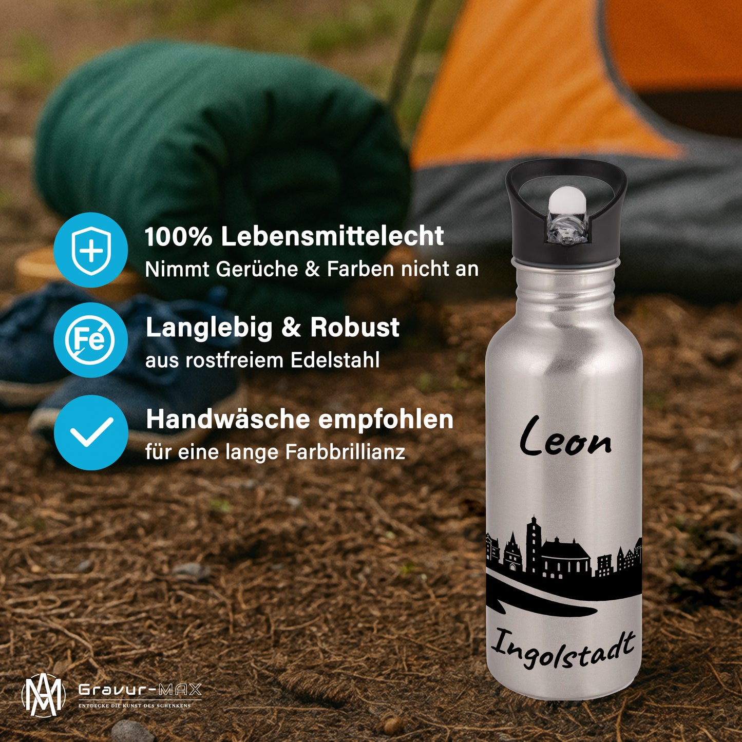 Trinkflasche in Silber 600ml aus Edelstahl bedruckt mit der Skyline von Ingolstadt personalisierbar mit Wunschname