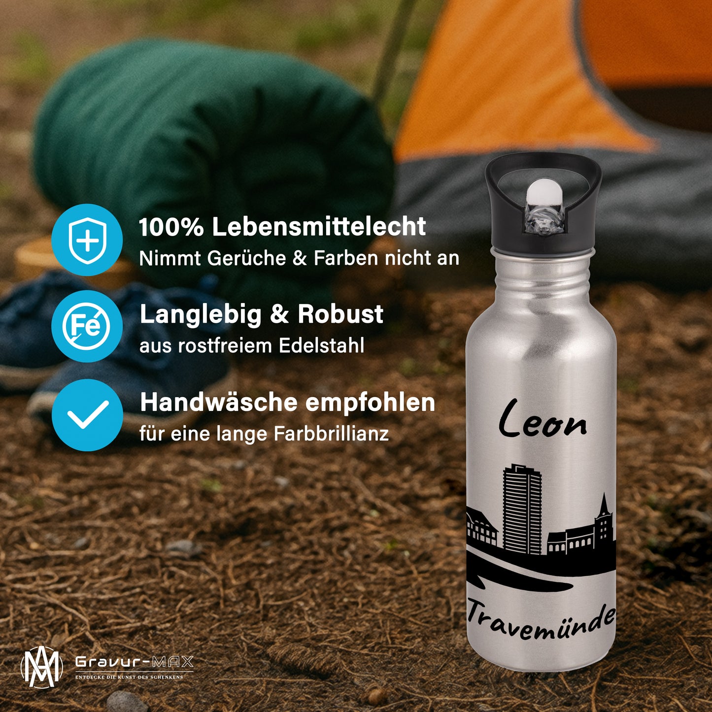 Trinkflasche in Silber 600ml aus Edelstahl bedruckt mit der Skyline von Travemünde personalisierbar mit Wunschname