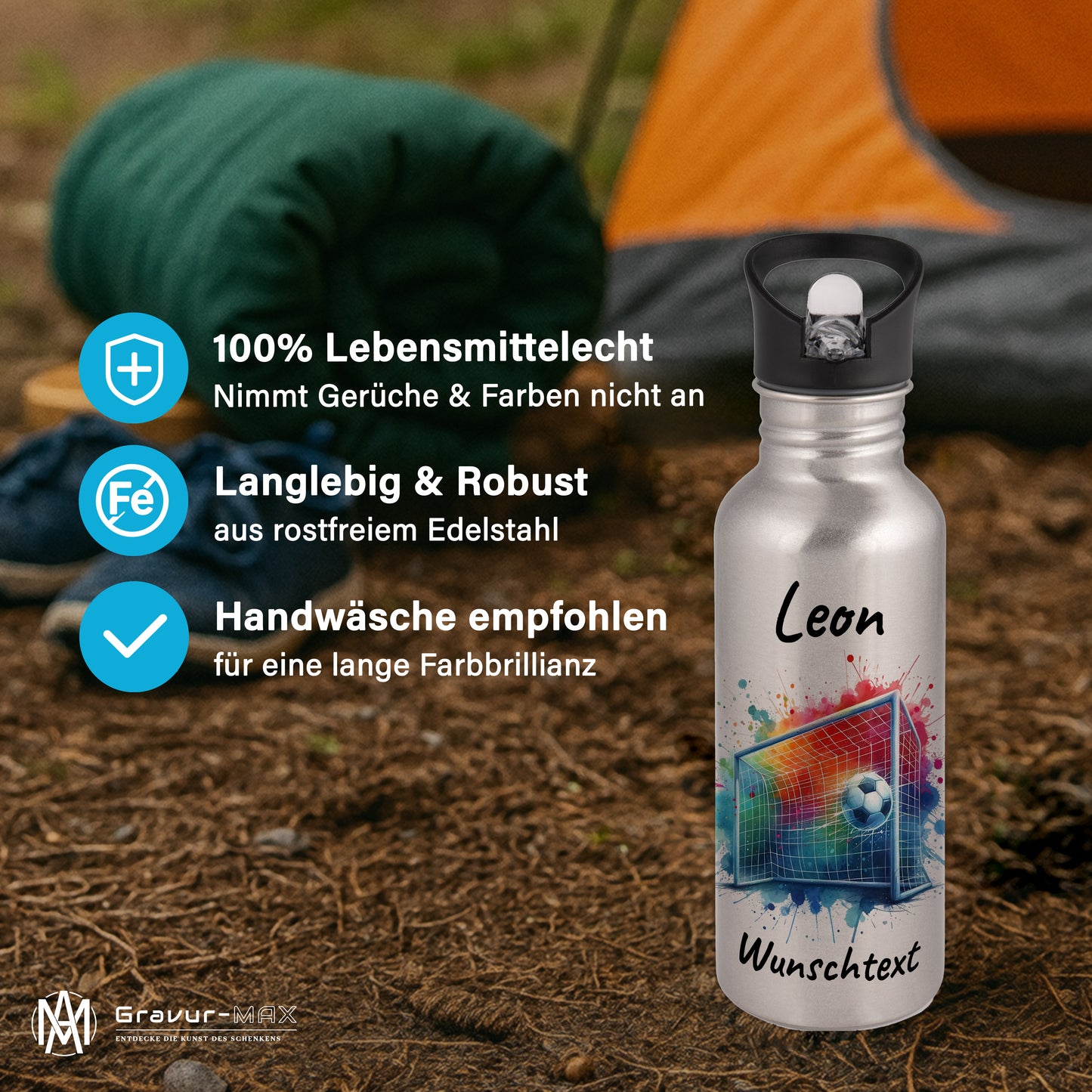 Trinkflasche mit Strohhalm in Silber 600ml bedruckt mit Fußball Motiven"Motiv5" personalisierbar für Kinder mit Wunschname aus Edelstahl