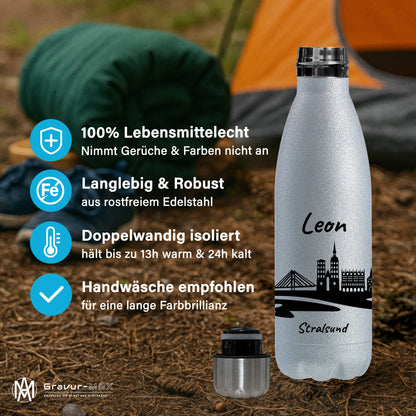Glitzer Trinkflasche in Silber 500ml aus Edelstahl bedruckt mit der Skyline von Stralsund personalisierbar mit Wunschname