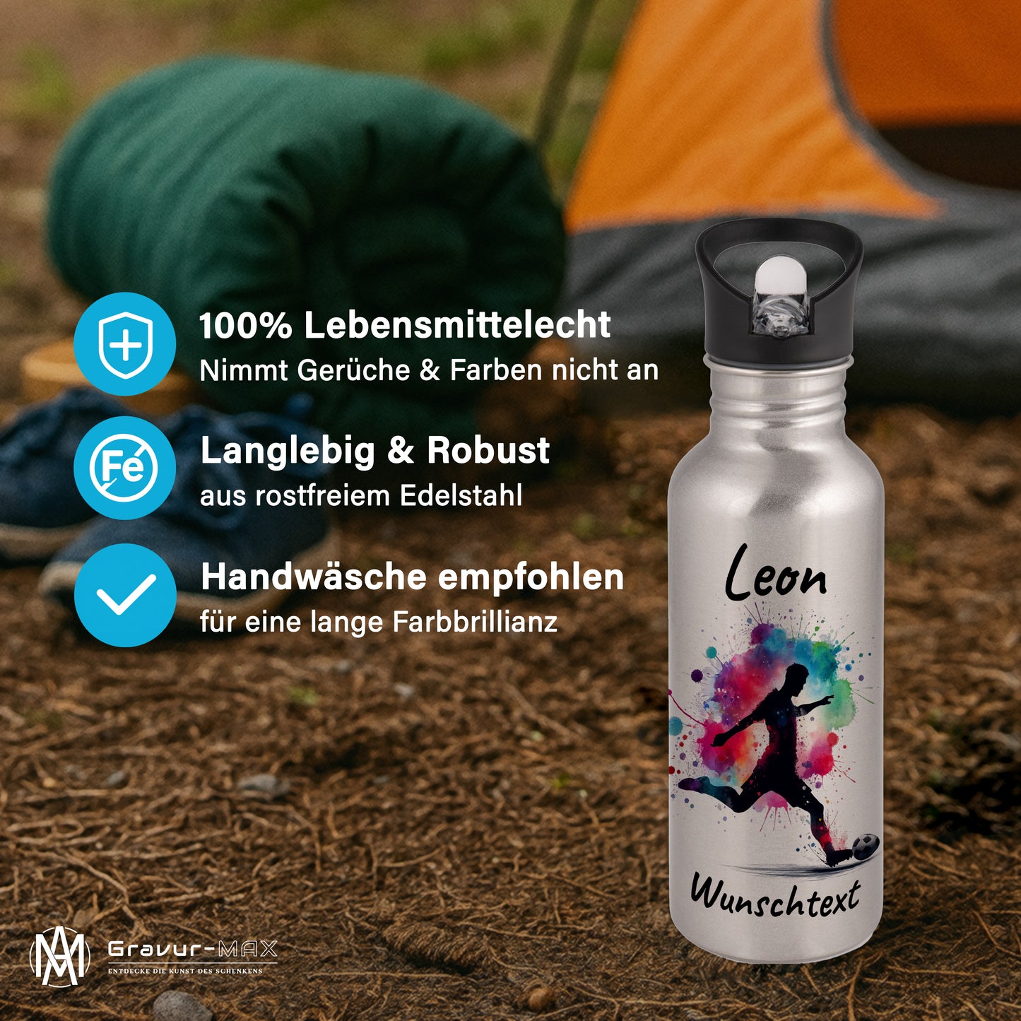Trinkflasche mit Strohhalm in Silber 600ml bedruckt mit Fußball Motiven"Motiv4" personalisierbar für Kinder mit Wunschname aus Edelstahl
