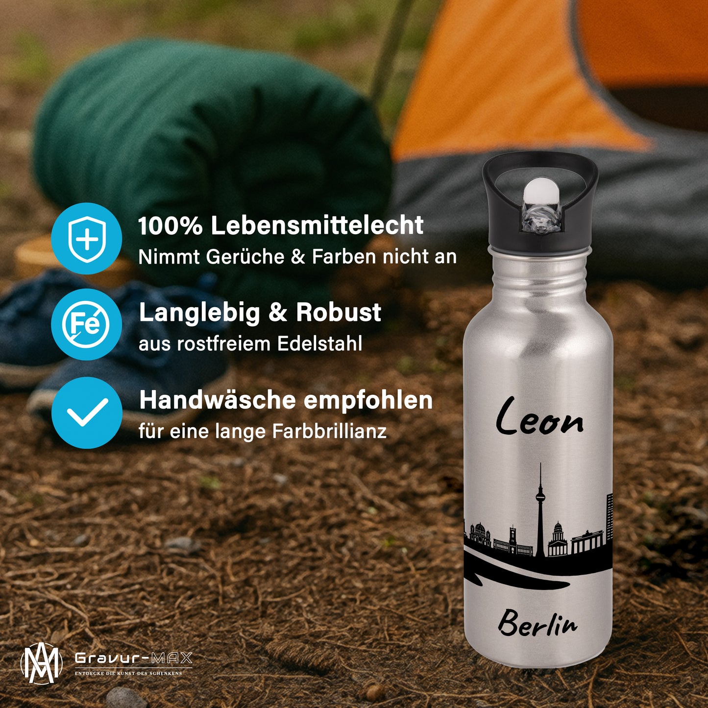 Trinkflasche in Silber 600ml aus Edelstahl bedruckt mit der Skyline von Berlin personalisierbar mit Wunschname