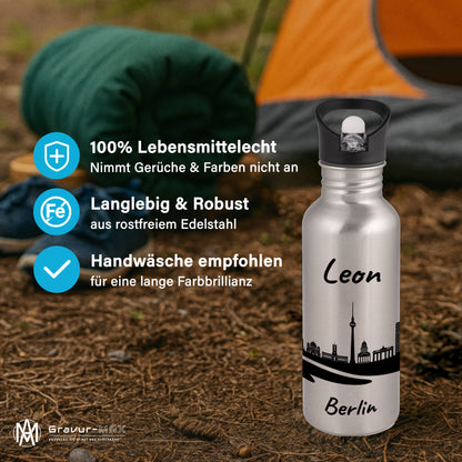 Trinkflasche in Silber 600ml aus Edelstahl bedruckt mit der Skyline von Berlin personalisierbar mit Wunschname