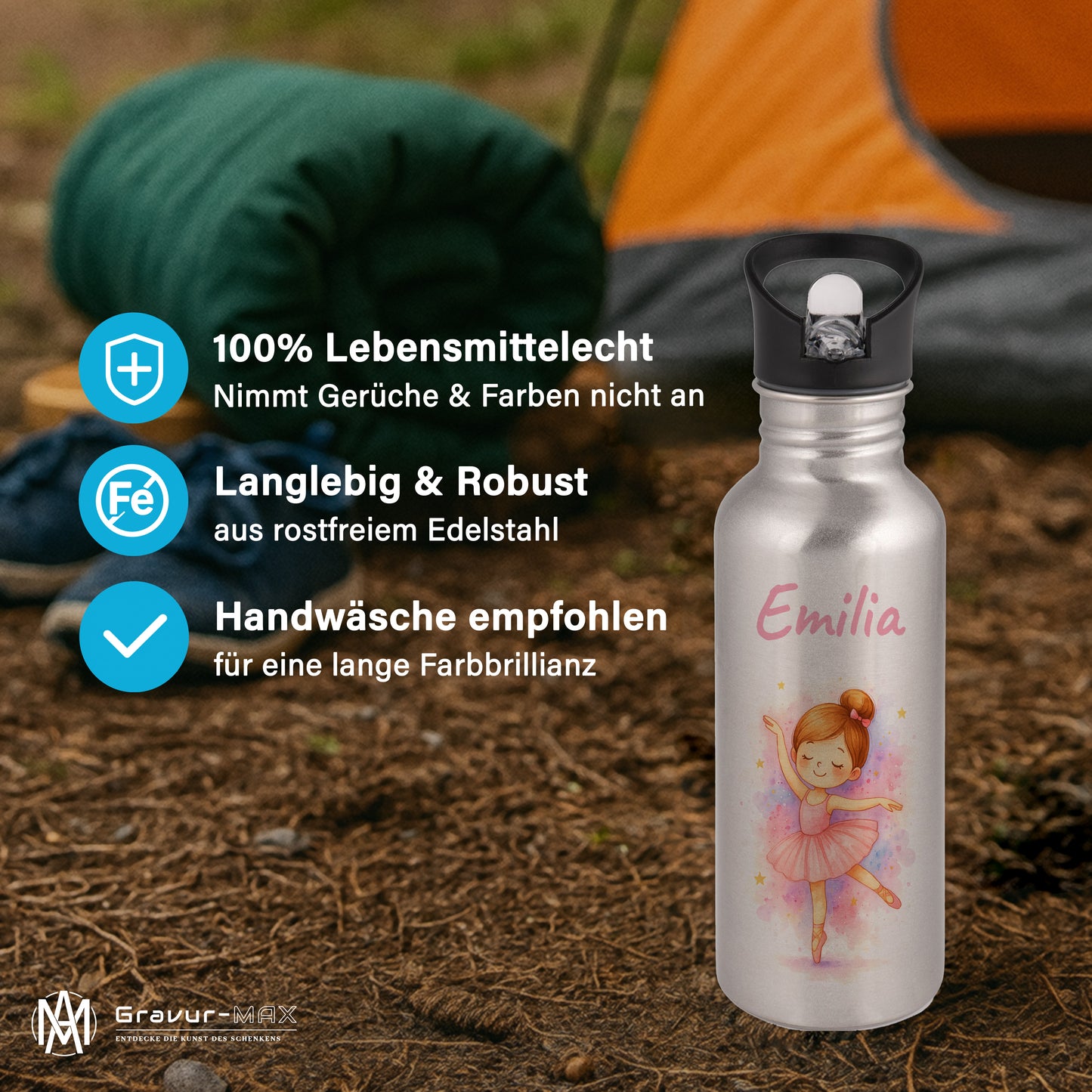 Trinkflasche mit Strohhalm in Silber 600ml bedruckt mit tollen Motiven für Kinder "Ballerina" personalisierbar für Kinder mit Wunschname aus Edelstahl