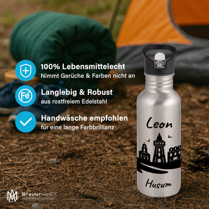 Trinkflasche in Silber 600ml aus Edelstahl bedruckt mit der Skyline von Husum personalisierbar mit Wunschname
