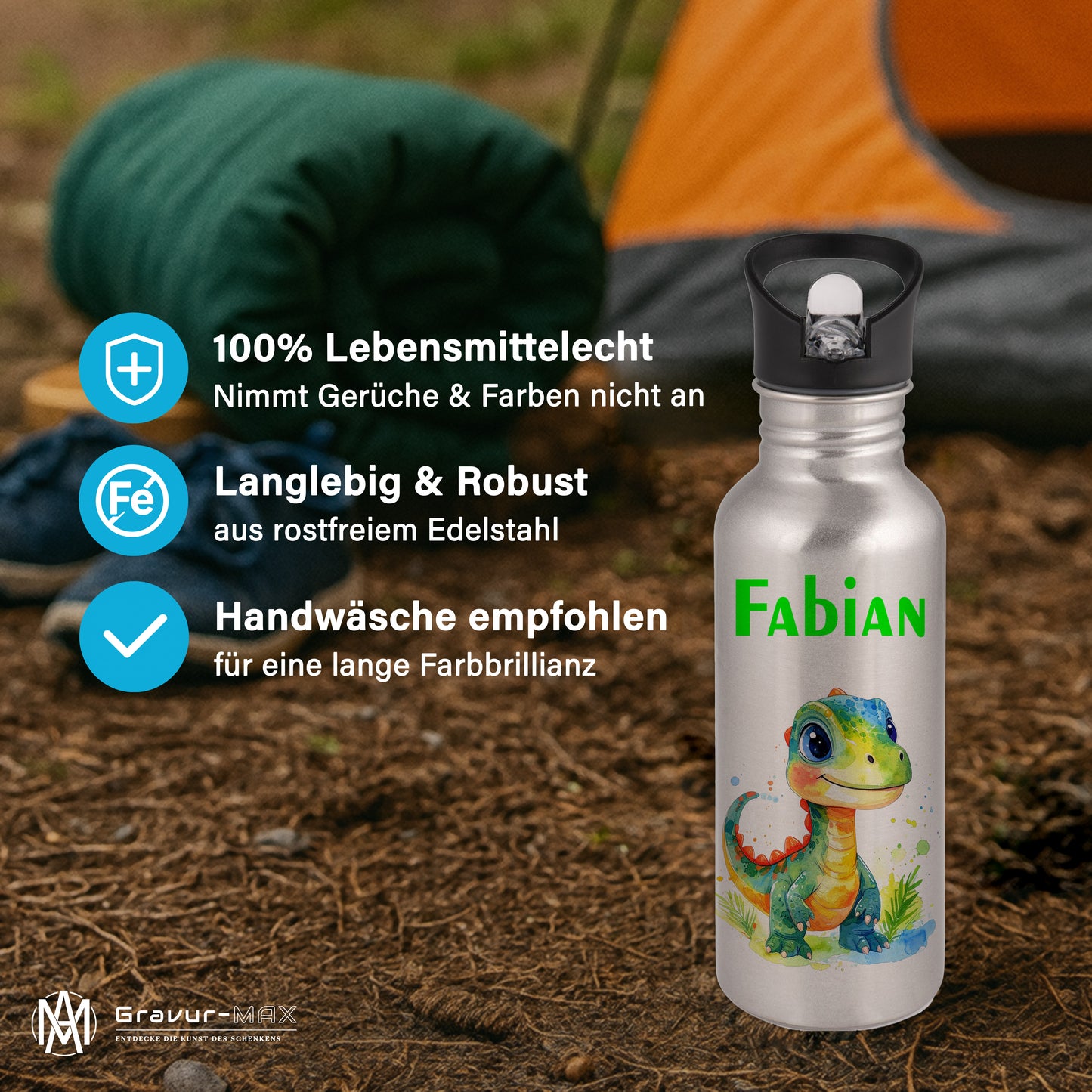 Trinkflasche mit Strohhalm in Silber 600ml bedruckt mit tollen Motiven für Kinder "Dino Kinder" personalisierbar für Kinder mit Wunschname aus Edelstahl