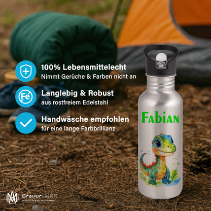 Trinkflasche mit Strohhalm in Silber 600ml bedruckt mit tollen Motiven für Kinder "Dino Kinder" personalisierbar für Kinder mit Wunschname aus Edelstahl