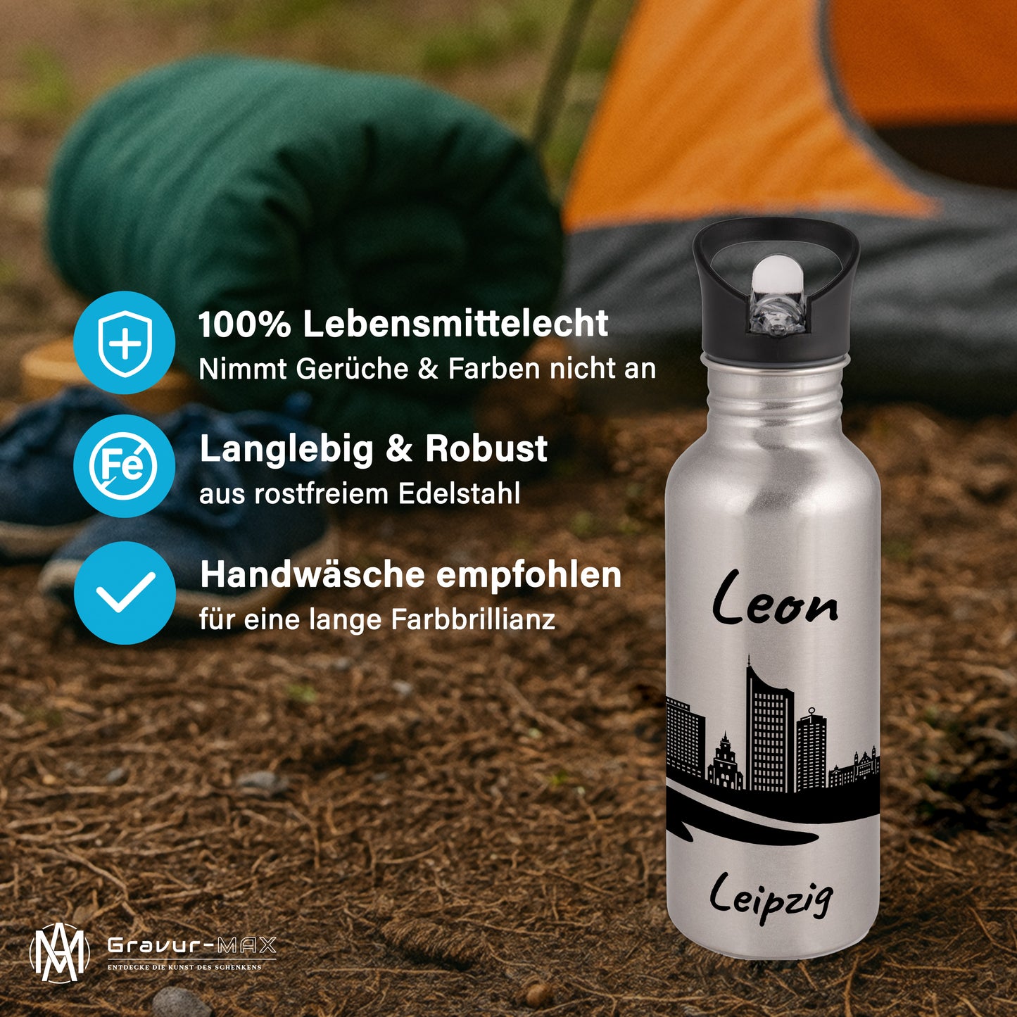 Trinkflasche in Silber 600ml aus Edelstahl bedruckt mit der Skyline von Leipzig personalisierbar mit Wunschname