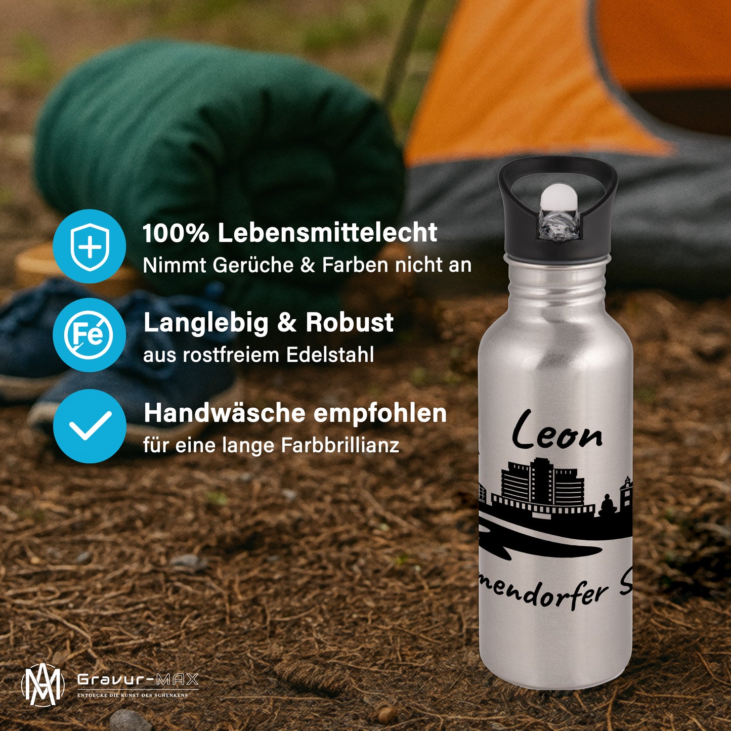 Trinkflasche in Silber 600ml aus Edelstahl bedruckt mit der Skyline von Timmendorfer Strand personalisierbar mit Wunschname