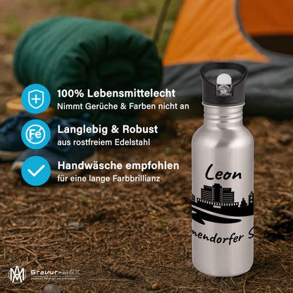 Trinkflasche in Silber 600ml aus Edelstahl bedruckt mit der Skyline von Timmendorfer Strand personalisierbar mit Wunschname