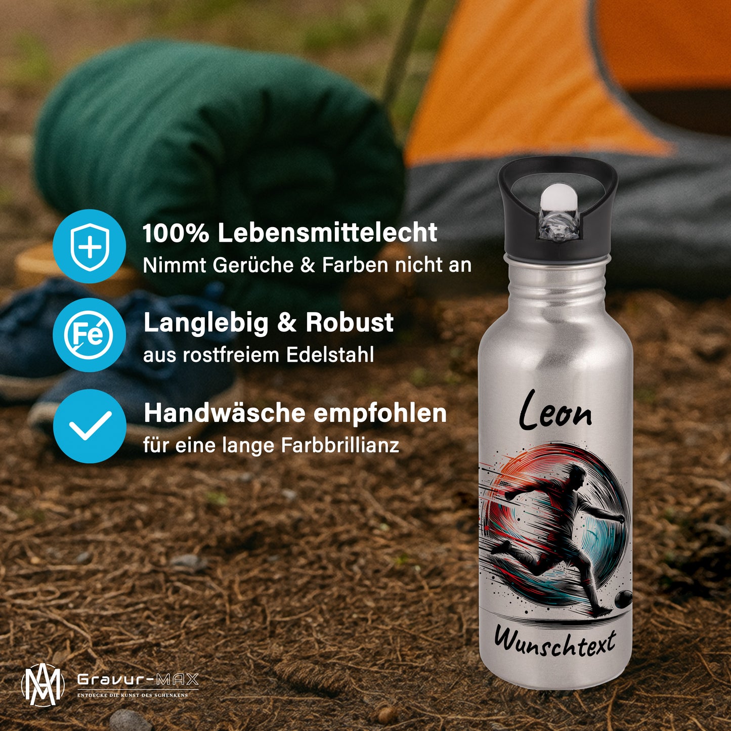 Trinkflasche mit Strohhalm in Silber 600ml bedruckt mit Fußball Motiven"Motiv3" personalisierbar für Kinder mit Wunschname aus Edelstahl