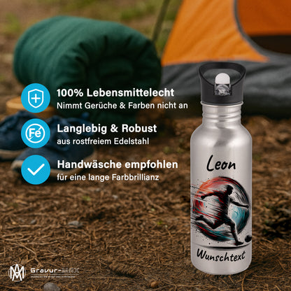 Trinkflasche mit Strohhalm in Silber 600ml bedruckt mit Fußball Motiven"Motiv3" personalisierbar für Kinder mit Wunschname aus Edelstahl