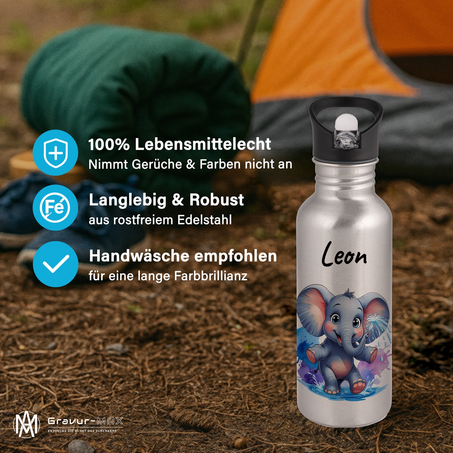 Trinkflasche mit Strohhalm in Silber 600ml bedruckt mit niedlichen Tieren"Elefant" personalisierbar für Kinder mit Wunschname aus Edelstahl