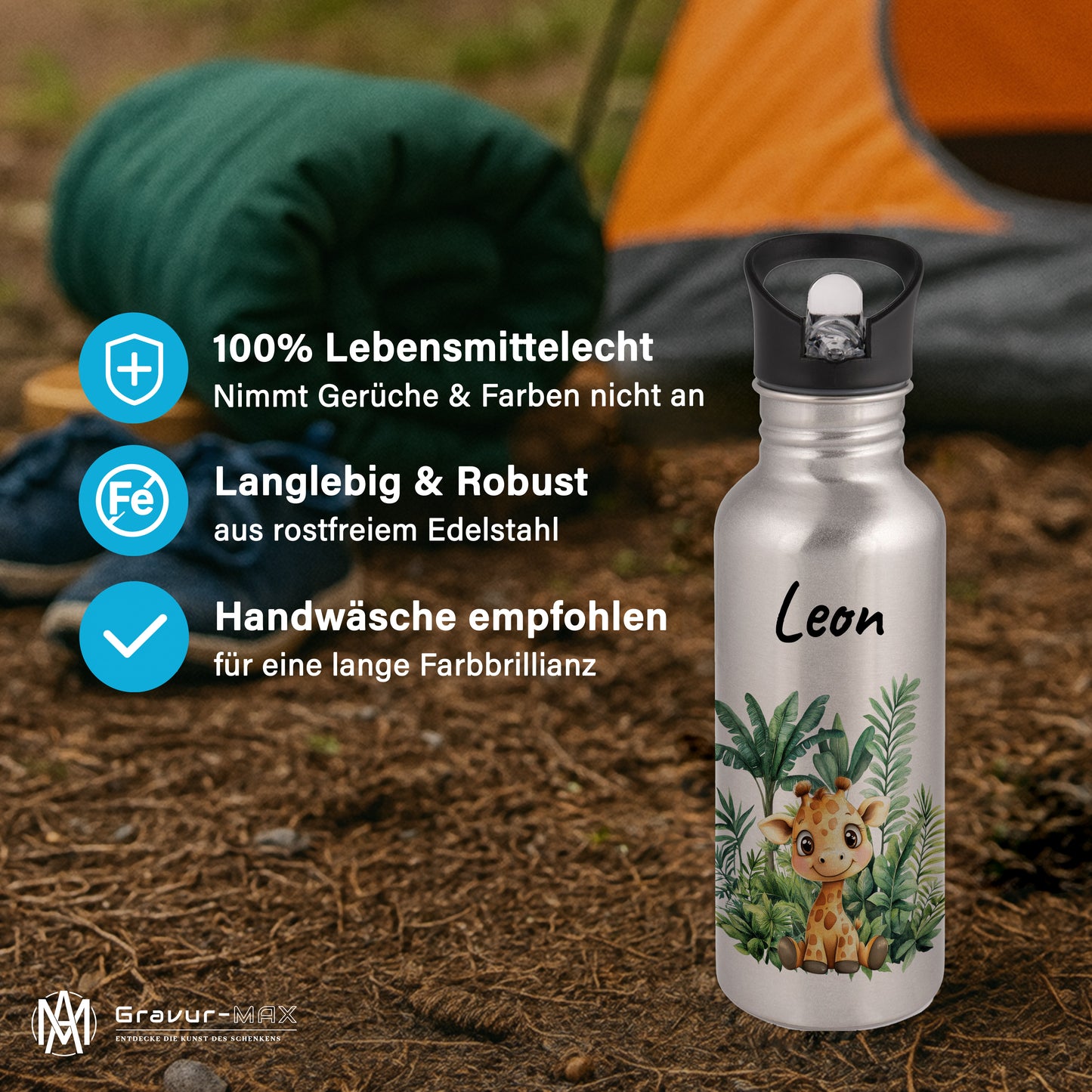 Trinkflasche mit Strohhalm in Silber 600ml bedruckt mit Dschungel Tieren"Giraffe" personalisierbar für Kinder mit Wunschname aus Edelstahl