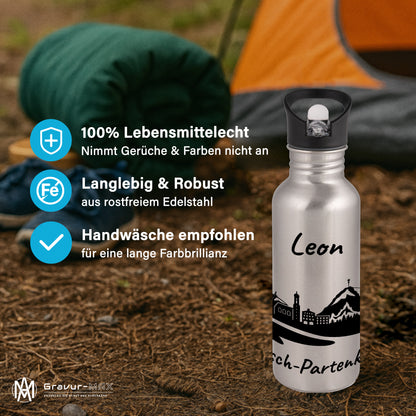 Trinkflasche in Silber 600ml aus Edelstahl bedruckt mit der Skyline von Garmisch-Partenkirchen personalisierbar mit Wunschname