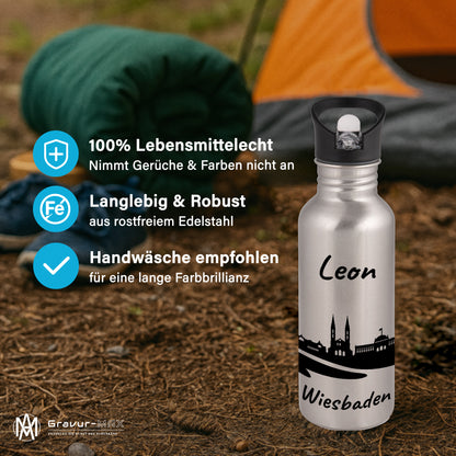 Trinkflasche in Silber 600ml aus Edelstahl bedruckt mit der Skyline von Wiesbaden personalisierbar mit Wunschname