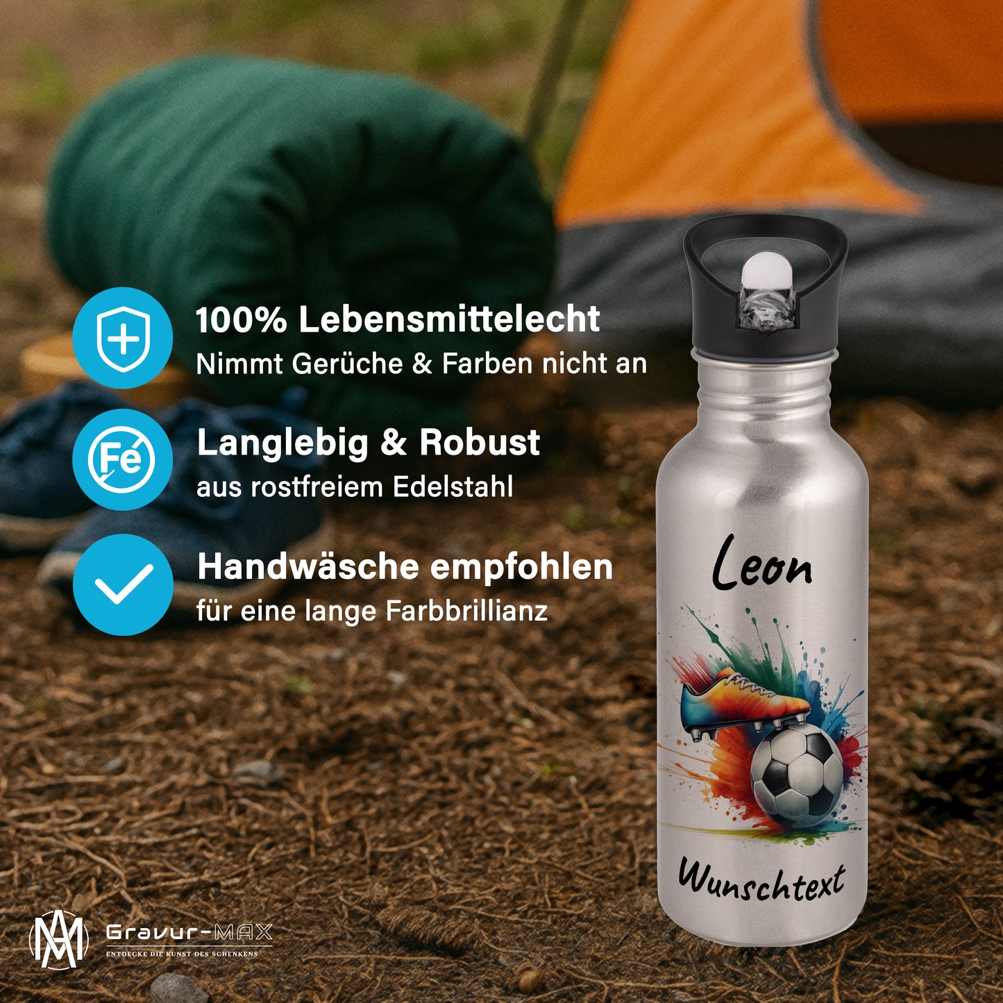 Trinkflasche mit Strohhalm in Silber 600ml bedruckt mit Fußball Motiven"Motiv6" personalisierbar für Kinder mit Wunschname aus Edelstahl