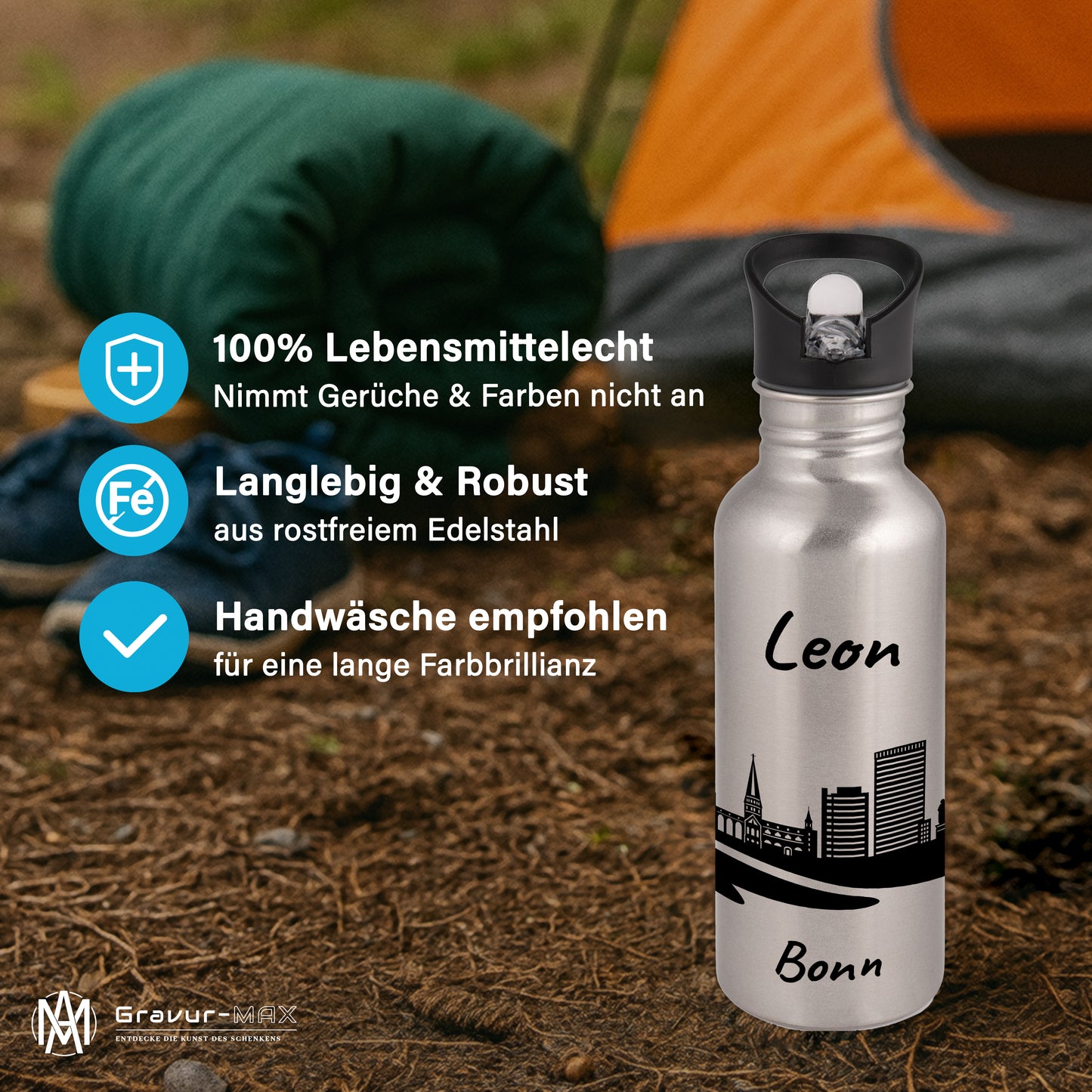 Trinkflasche in Silber 600ml aus Edelstahl bedruckt mit der Skyline von Bonn personalisierbar mit Wunschname