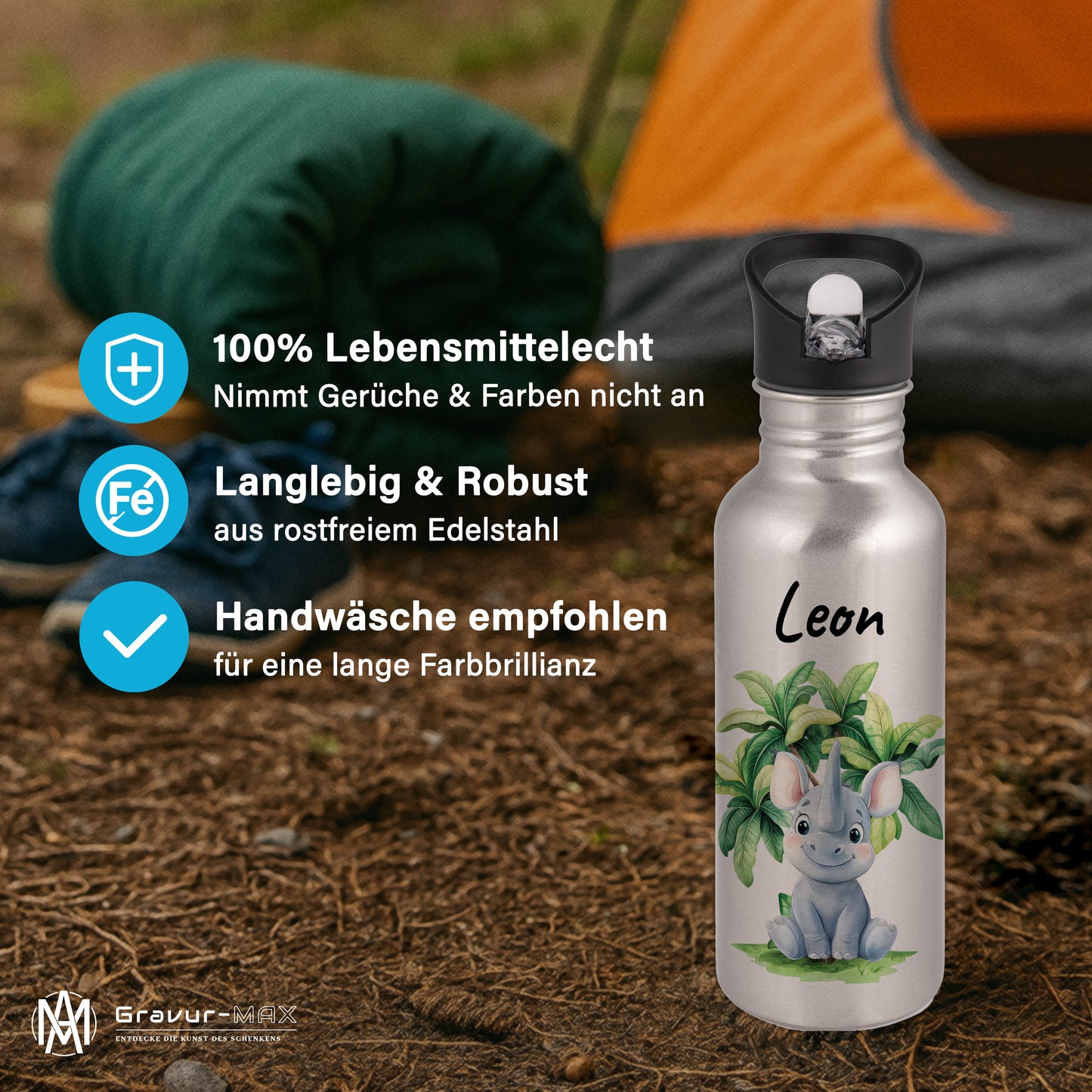 Trinkflasche mit Strohhalm in Silber 600ml bedruckt mit Dschungel Tieren"Nashorn" personalisierbar für Kinder mit Wunschname aus Edelstahl