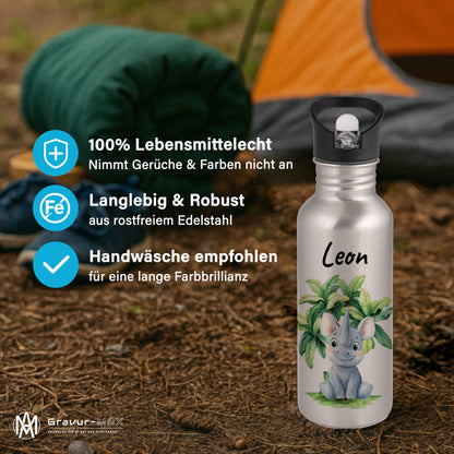Trinkflasche mit Strohhalm in Silber 600ml bedruckt mit Dschungel Tieren"Nashorn" personalisierbar für Kinder mit Wunschname aus Edelstahl