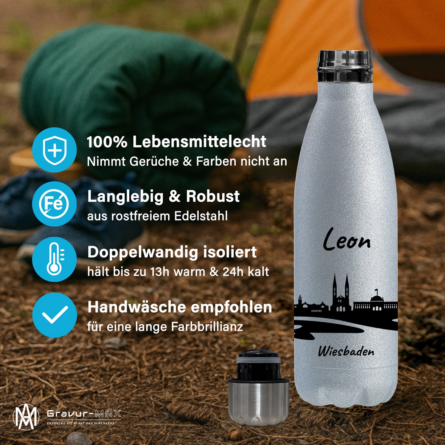 Glitzer Trinkflasche in Silber 500ml aus Edelstahl bedruckt mit der Skyline von Wiesbaden personalisierbar mit Wunschname