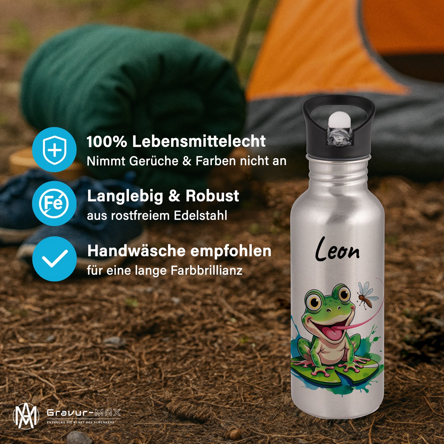 Trinkflasche mit Strohhalm in Silber 600ml bedruckt mit niedlichen Tieren"Frosch" personalisierbar für Kinder mit Wunschname aus Edelstahl