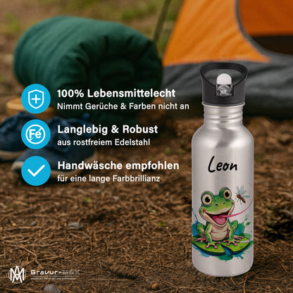 Trinkflasche mit Strohhalm in Silber 600ml bedruckt mit niedlichen Tieren"Frosch" personalisierbar für Kinder mit Wunschname aus Edelstahl