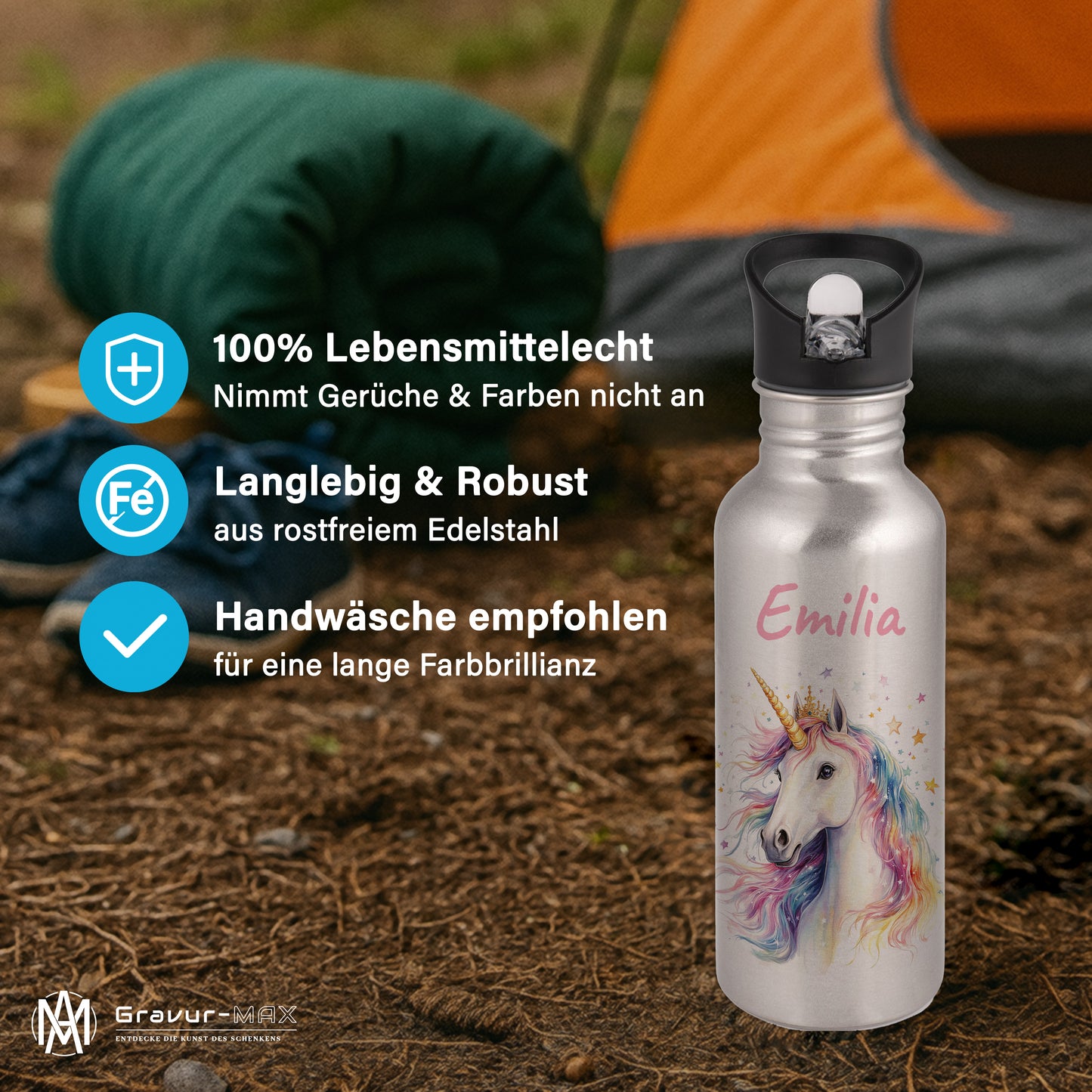 Trinkflasche mit Strohhalm in Silber 600ml bedruckt mit tollen Motiven für Kinder "Einhorn" personalisierbar für Kinder mit Wunschname aus Edelstahl