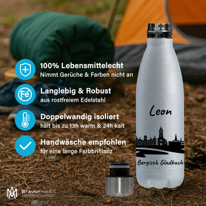 Glitzer Trinkflasche in Silber 500ml aus Edelstahl bedruckt mit der Skyline von Bergisch Gladbach personalisierbar mit Wunschname