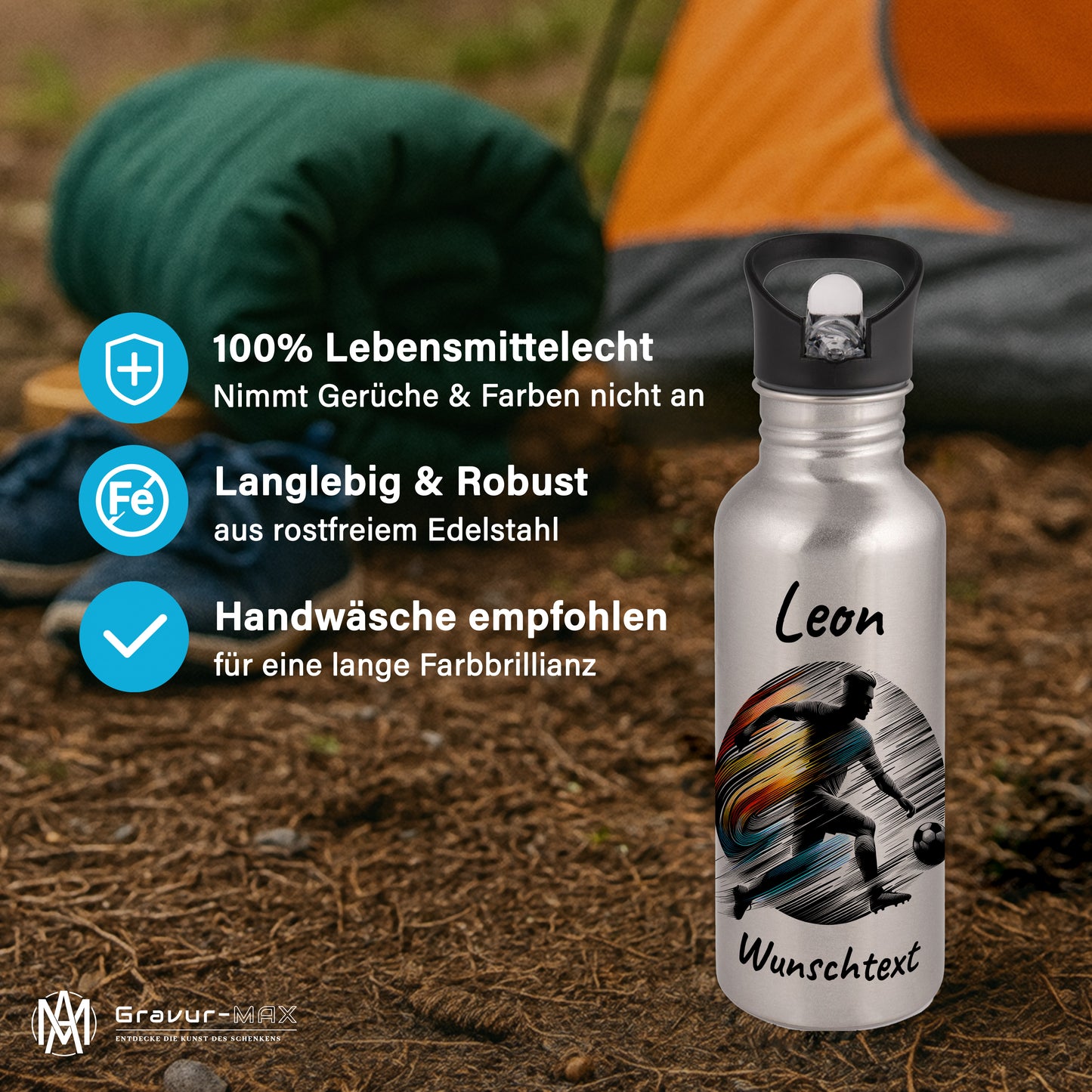 Trinkflasche mit Strohhalm in Silber 600ml bedruckt mit Fußball Motiven"Motiv2" personalisierbar für Kinder mit Wunschname aus Edelstahl