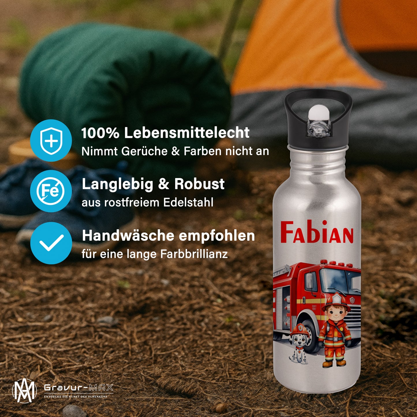 Trinkflasche mit Strohhalm in Silber 600ml bedruckt mit tollen Motiven für Kinder "Feuerwehr" personalisierbar für Kinder mit Wunschname aus Edelstahl