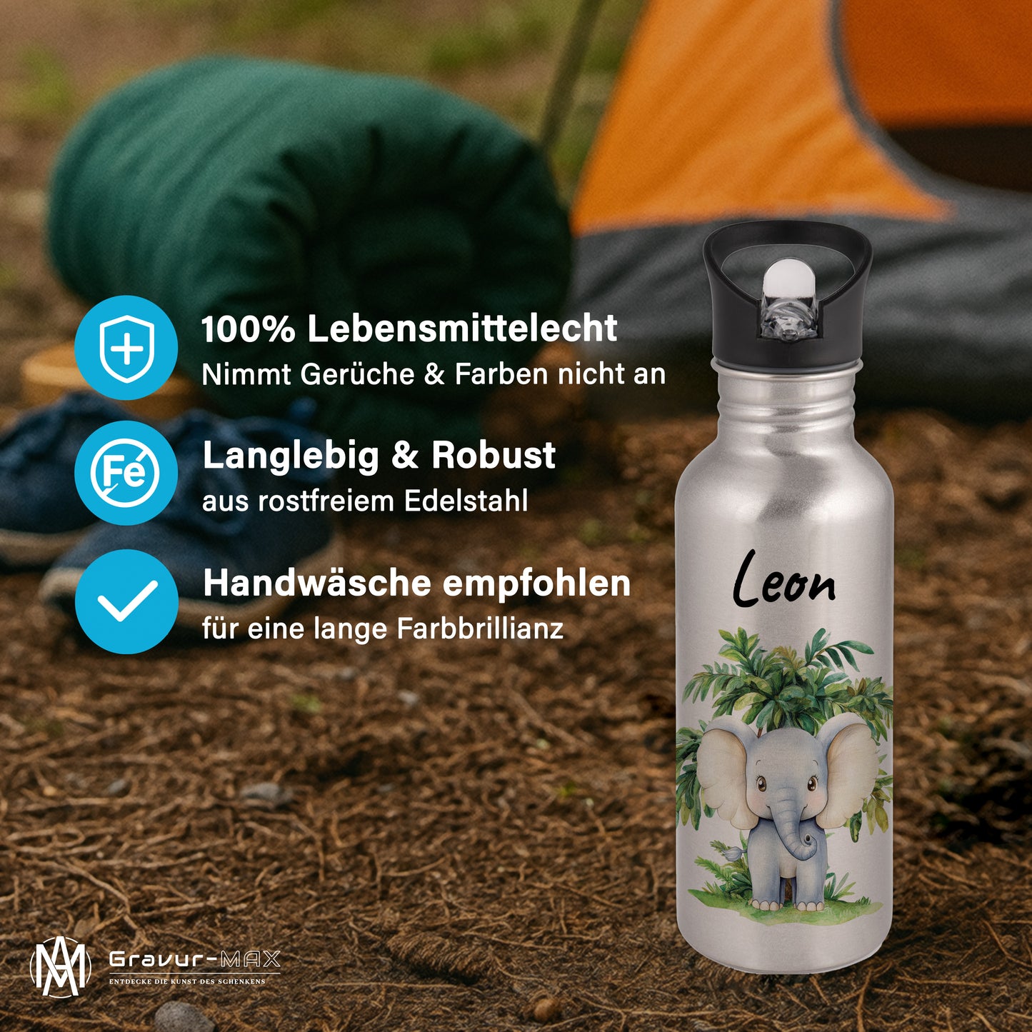 Trinkflasche mit Strohhalm in Silber 600ml bedruckt mit Dschungel Tieren"Elefant" personalisierbar für Kinder mit Wunschname aus Edelstahl