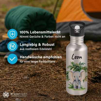 Trinkflasche mit Strohhalm in Silber 600ml bedruckt mit Dschungel Tieren"Elefant" personalisierbar für Kinder mit Wunschname aus Edelstahl