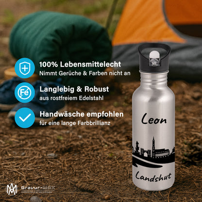 Trinkflasche in Silber 600ml aus Edelstahl bedruckt mit der Skyline von Landshut personalisierbar mit Wunschname