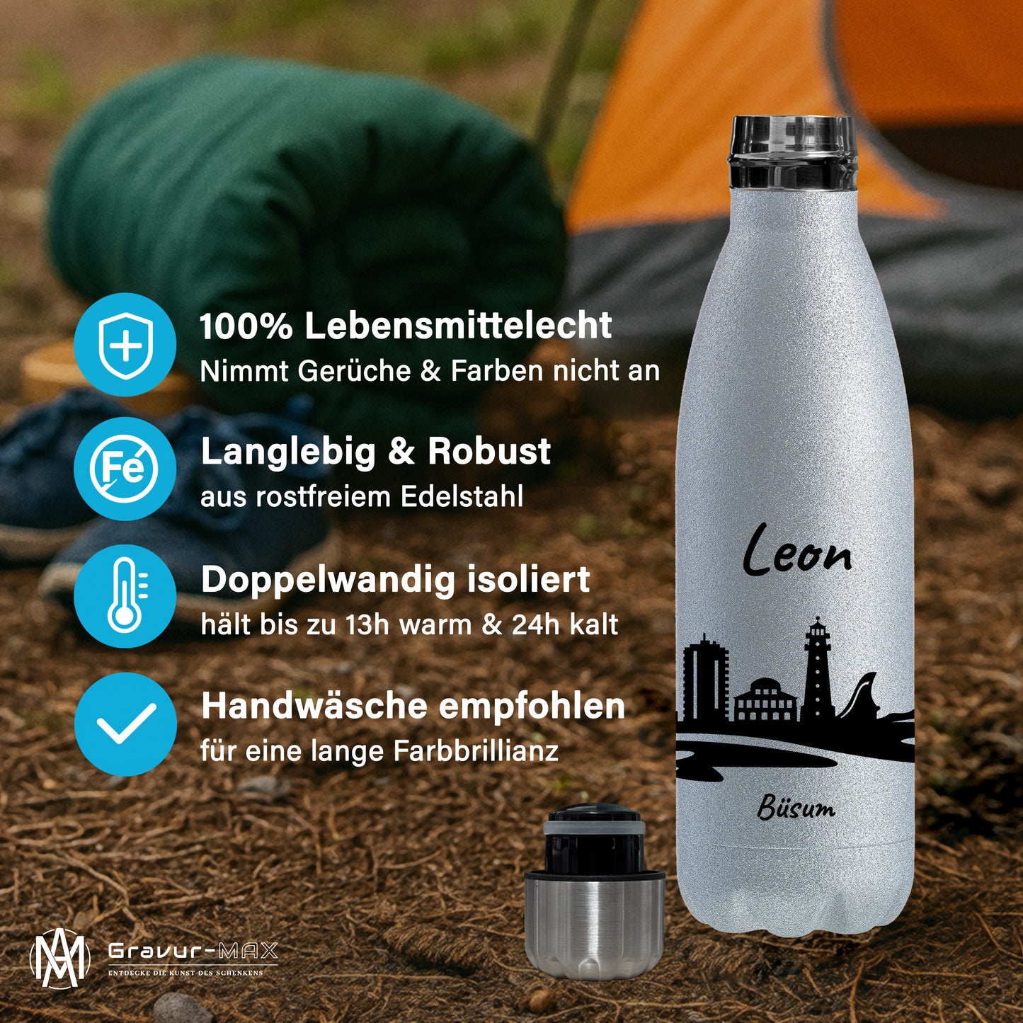 Glitzer Trinkflasche in Silber 500ml aus Edelstahl bedruckt mit der Skyline von Büsum personalisierbar mit Wunschname