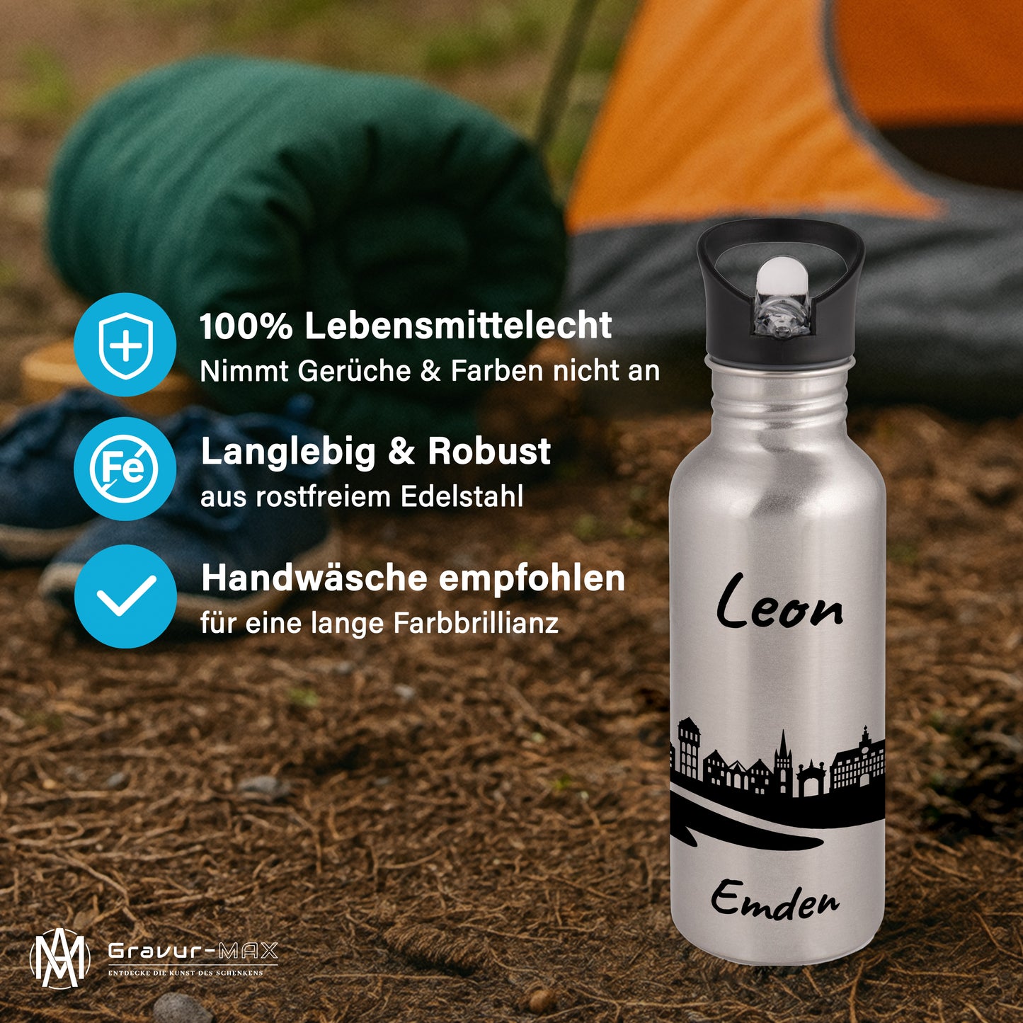 Trinkflasche in Silber 600ml aus Edelstahl bedruckt mit der Skyline von Emden personalisierbar mit Wunschname