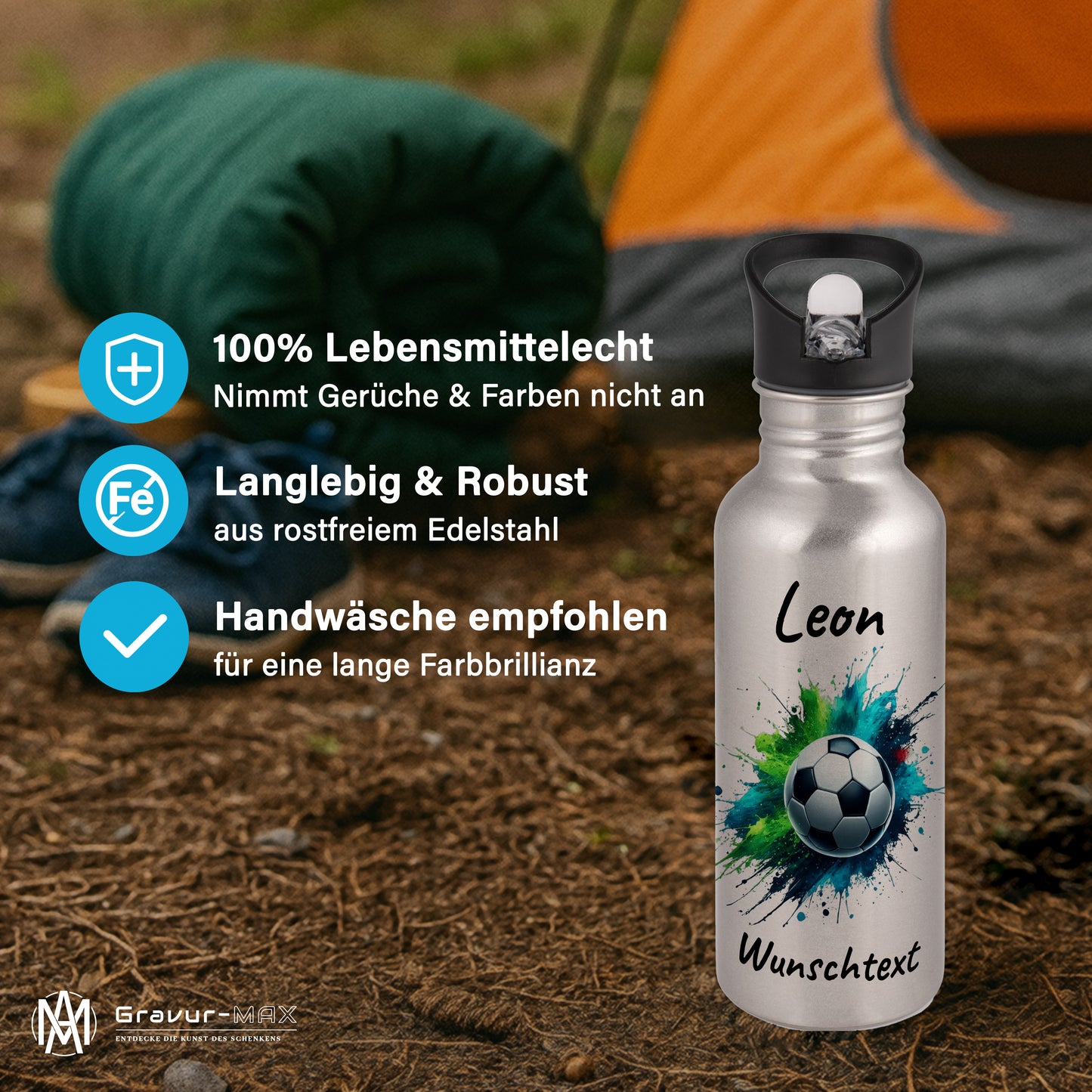 Trinkflasche mit Strohhalm in Silber 600ml bedruckt mit Fußball Motiven"Motiv8" personalisierbar für Kinder mit Wunschname aus Edelstahl
