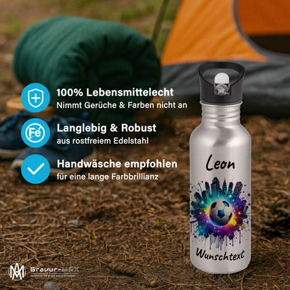 Trinkflasche mit Strohhalm in Silber 600ml bedruckt mit Fußball Motiven"Motiv7" personalisierbar für Kinder mit Wunschname aus Edelstahl